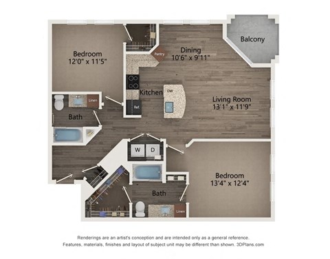 Floor plan for 2 beds, 2 baths, 1129 sqft